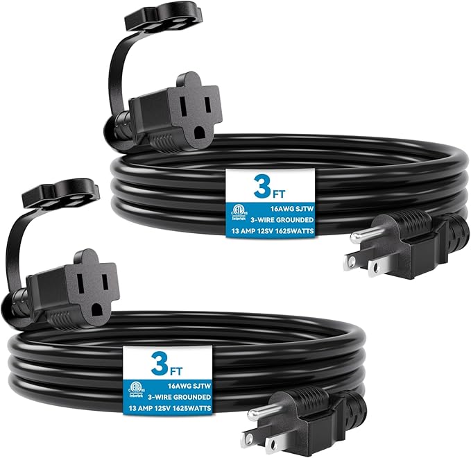 K KASONIC - 3 Feet Outdoor Extension Cords, ETL Listed, SJTW 16AWG/13A 3 Prong Power Cord Extension for Home or Office Use, 2 Pack