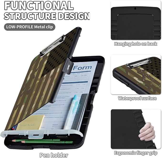 Clipboard with Storage,Clip Boards 8.5X11 with Storage & Pen Holder,Heavy Duty Plastic Nursing Clipboards Foldable,Coaches Clipboard Folder Case,School Office Supplies，USA Flag Camouflage