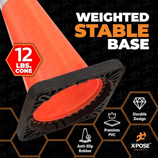 Xpose Safety 36 Inch Orange Traffic Cones Heavy Duty 12lb with 6" & 4" Collars, 4 Pack - Multipurpose PVC Plastic Safety Cone for Parking, Soccer, Caution, Kids and Construction - DOT Approved