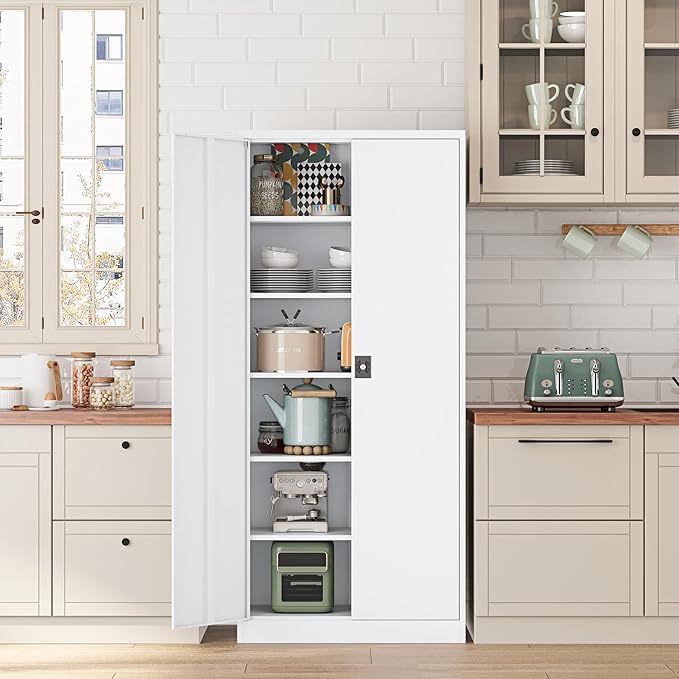 Metal Storage Cabinet-71” Tall Steel File Cabinets with Lockable Doors and Adjustable Shelves-White Steel Storage Cabinet for Home,Kitchen, School, Office, Garage