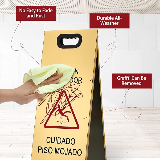 2 Pcs 24 Inch Stainless Steel Wet Floor Sign, Heavy Duty Caution Wet Floor Sign Double Sided Portable Foldable Bilingual Safety Warning for Restaurant Restroom Office Avoid Fall (Gold)