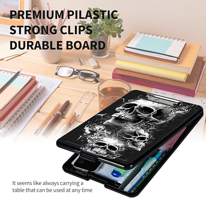 A4 Clipboards,Heavy Duty Waterproof Nursing Plastic Folder Clipboard with Storage Clip Boards,File Folder Storage Box Clipboard Case for Teacher,Doctor,Offices,Skull
