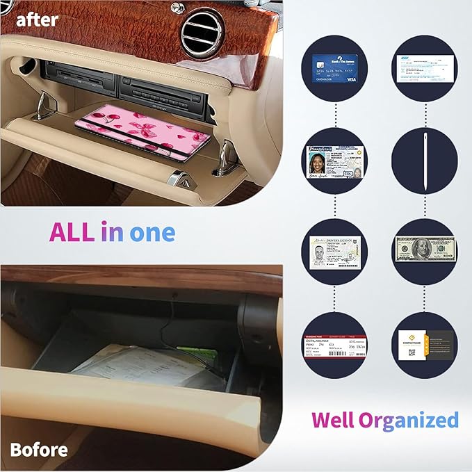 Car Registration and Insurance Card Holder - Pink Bows Cherries Leather Document Organizer & Bifold wallet for License, Insurance Cards | Fits Vehicle Glove Box & Visor