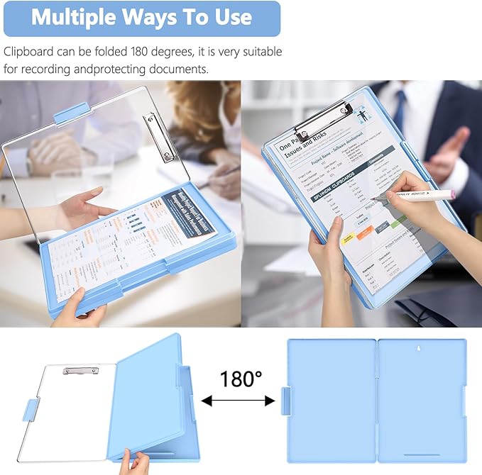 Clipboard with Storage,Heavy Duty Clip Boards 8.5x11 with 2 Storage Case,Clear Visible Top Panel Storage Clipboard,Side Opening Clip Boards,Nursing Clipboard Folder Case for Office Supplies-Aqua Blue