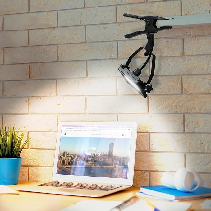 1200 Lumens Portable LED Clamp Work Light with 5ft 120V AC/60Hz Power Plug, Lightweight Design, Suitable for wet location, 10 Watts, 5000K Daylight, ETL Certified