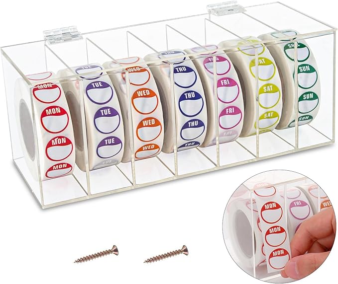 Acrylic Day of The Week Covered Label Dispenser 7-Slot Dispenser Day of The Week Label Dispenser Wall Mount Sticker Roll Dispenser for 1",3/4"Day of The Week Stickers 1 Inch Label Dispenser (No Label)