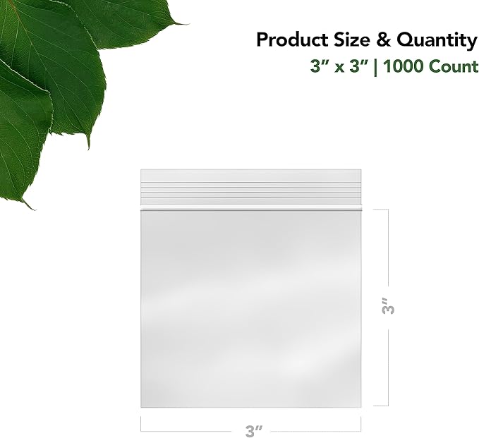 3 x 3 Inch Resealable Plastic Bags 1000 Pack — Clear Reclosable Mini Bags with Zipper Seal for Jewelry, Beads, Small Parts, Crafts, Hardware
