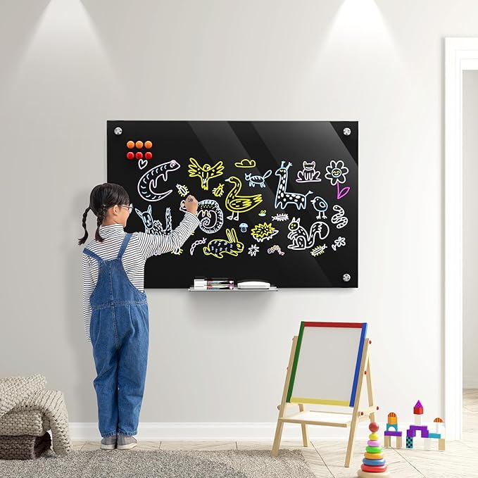 MaxGear Glass Whiteboard 36x24 Inches Wall Mounted, Magnetic Black Dry Erase Board with 1 Eraser, 1 Accessory Tray, 4 Markers and 6 Magnets, Large Frameless White Board for Office, School, Home