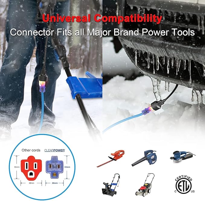 Clear Power 50 ft 14/3 SJTW -50°C Extreme Cold Weather Outdoor Extension Cord, Blue, Grounded Plug, Lighted Connector, Ideal for Snow Blowers & Power Tools, DCOC-0077-DC