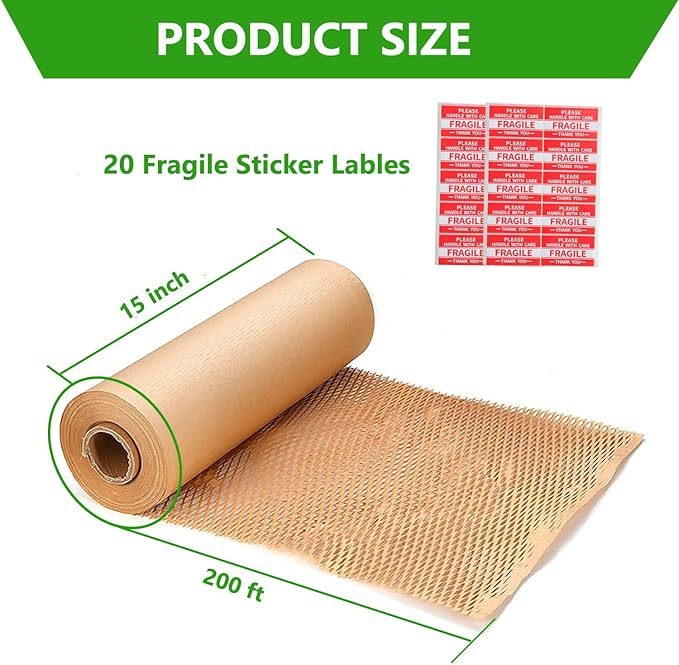 Honeycomb Packing Paper,15" x 200' Bubble Cushioning Wrap Roll for Moving Shipping Packaging Gifts, Recyclable Cushioning Paper Moving Packing Supplies Protective Roll with 20 Fragile Sticker Labels