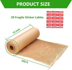 Honeycomb Packing Paper,15" x 200' Bubble Cushioning Wrap Roll for Moving Shipping Packaging Gifts, Recyclable Cushioning Paper Moving Packing Supplies Protective Roll with 20 Fragile Sticker Labels