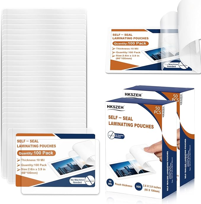 100 Pack 10 Mil 2.6"x3.9" Self Sealing Laminating Pouches Plastic Laminating Sheets Business Card Size Clear Lamination Paper for Office School Home Supplies Glossy Finish(No Laminator Need)