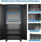 71" H*15" D*30" W Garage Storage Cabinet with Wheels and Doors,Lockable Metal Storage Cabinet with Pegboard Hooks and Drawer for Garage Warehouse Home,Required Assembly,Black