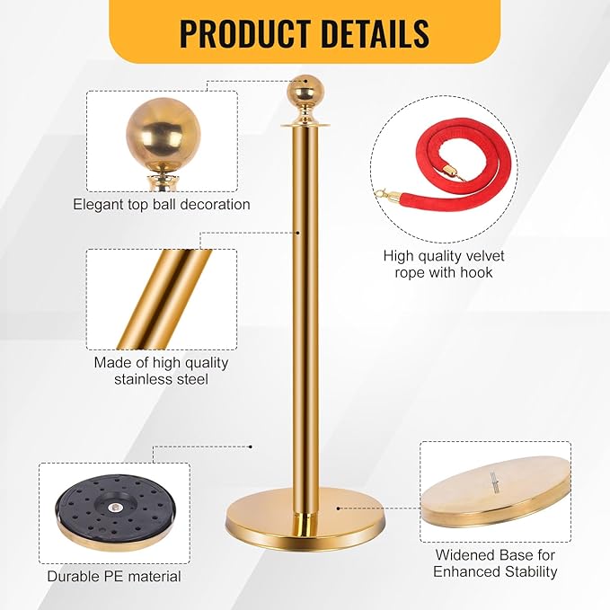 8PCS Stainless Steel Stanchions Post w/ 6 Red Velvet 5ft Carpet Ropes - Hollow Base for Red Carpet Queue - Crowd Control Barriers Ideal for Party, Wedding, Hotels, Exhibitions - Gold