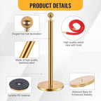 8PCS Stainless Steel Stanchions Post w/ 6 Red Velvet 5ft Carpet Ropes - Hollow Base for Red Carpet Queue - Crowd Control Barriers Ideal for Party, Wedding, Hotels, Exhibitions - Gold