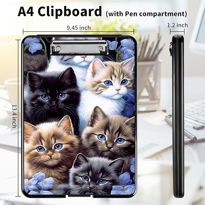 A4 Clipboards,Heavy Duty Waterproof Nursing Plastic Folder Clipboard with Storage Clip Boards,File Folder Storage Box Clipboard Case for Teacher,Doctor,Offices,Cute Cats