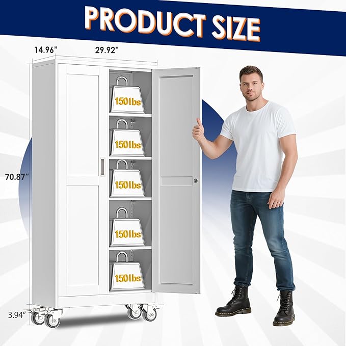 71" H Metal Garage Storage Cabinet, Rolling Tool Cabinet with 2 Doors and Wheels, Locker Steel Cabinet with 4 Adjustable Shelves, Organization Cabinet for Garage,Office,Home,Gym,School（White）