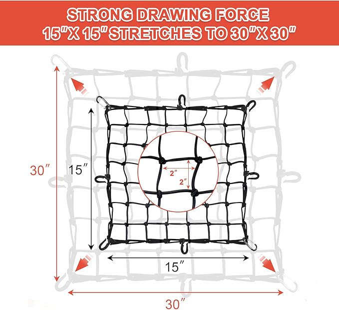 Cargo Net Motorcycle Fuel Tank Net Natural Latex Core, 15"x 15" Extends to 30"x 30" with 2"x 2" Mesh for Motorcycle Helmets, Bikes, ATVs, UTVs, Luggage (Black, 2 Pack)
