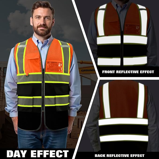 Custom Safety Vest with Logo Pockets High Visibility Reflective Vests Construction Security Workwear