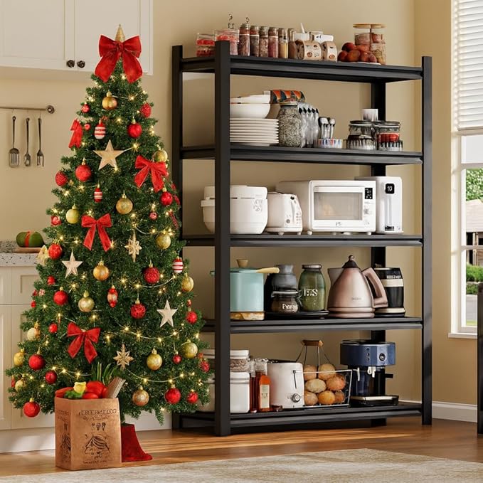 72H Metal Kitchen Storage Shelves, 2500 LBS Heavy Duty Garage Shelving Unit, 5-Tier Adjustable Pantry Shelves, Food and Beverage Storage Rack, Appliance Storage Utility Shelf for Balcony - Black