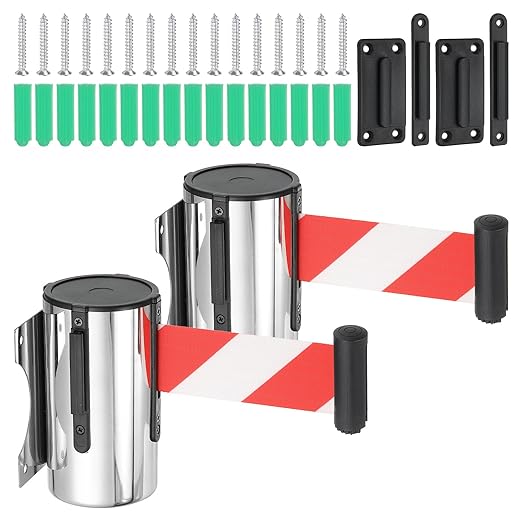 PATIKIL Fixed Wall Mount Retractable Belt Barrier, 2 Pcs 16.4 Feet Fixed Retractable Belt Barrier with Steel Case for Crowd Control Grocery Retail Store Stadium, Silver Tone/Red/White
