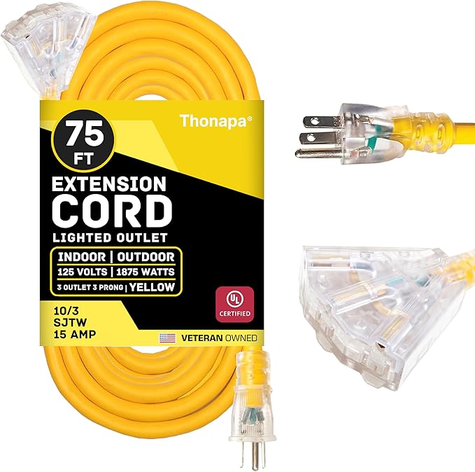 10 Gauge Outdoor Extension Cord 75 ft with 3 Outlets - Weatherproof Heavy Duty Extension Cord, Multiple Outlets 75 Foot, 10/3 SJTW Yellow Cable with 3 Prong Grounded Plug, 15 Amp