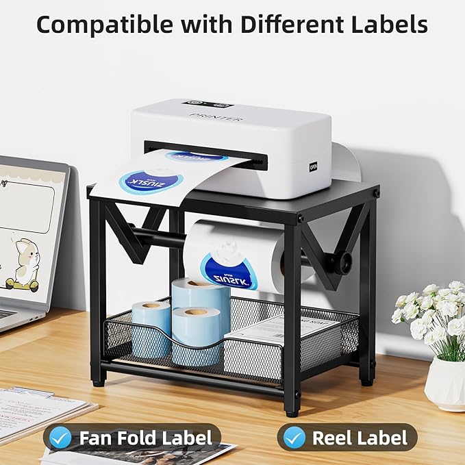 Marbrasse Label Holder for Rolls and Fanfold Labels, Metal Thermal Label Printer Holder with Drawer, Shipping Label Stand,Sticker Roll Holder for Home, Office, Small Business,Black