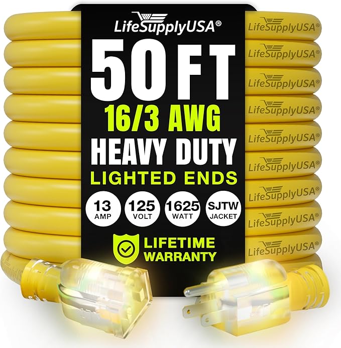 50ft Outdoor/Indoor Extension Cord 16/3 Gauge Heavy Duty 3 Prong SJTW, Waterproof, Flexible Cold-Resistant Long Power Cord,13A 125V 1625W, Yellow by LifeSupplyUSA
