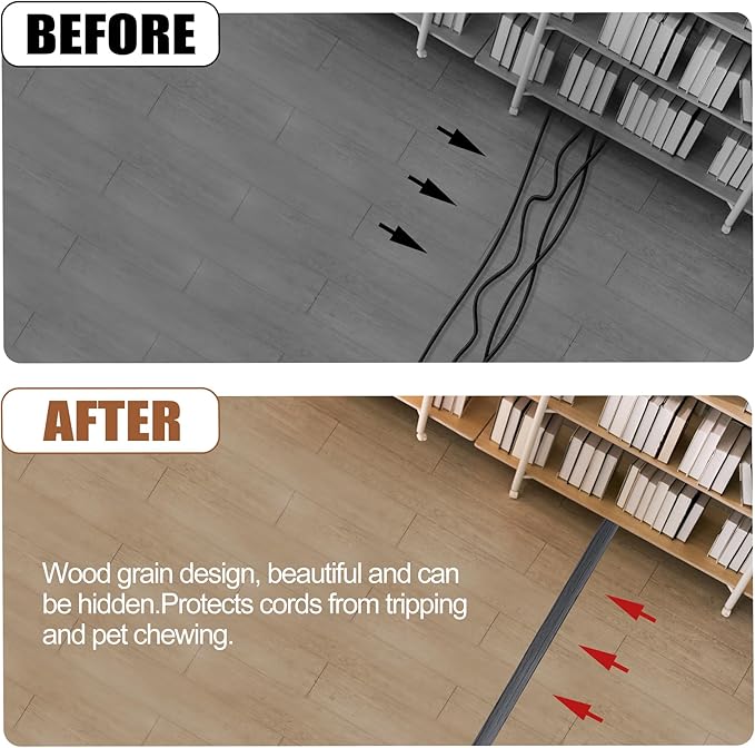 MYFAMIREA 10FT Floor Cord Cover for Wire Self Adhesive Cable Cavity Management PVC Extension Cord Hider Power Floor Wire Protector Prevent Cable Trips for Office Home Outdoor (Dark Gray Wood, 1.18'')