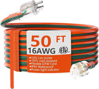 HUANCHAIN 16 Gauge 50 ft Outdoor Extension Cord with Lighted End, Flexible Cold-Resistant 3 Prong Electric Cord Waterproof Outside, 13Amp 1625W 16AWG SJTW, Orange Green, ETL