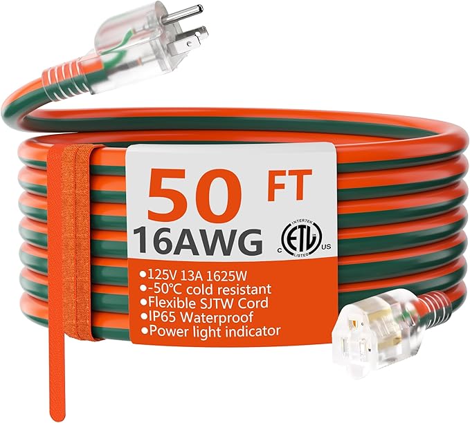HUANCHAIN 16 Gauge 50 ft Outdoor Extension Cord with Lighted End, Flexible Cold-Resistant 3 Prong Electric Cord Waterproof Outside, 13Amp 1625W 16AWG SJTW, Orange Green, ETL