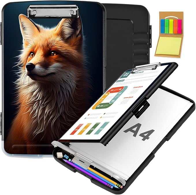Clipboard with Storage,Office Supplies Nursing Clipboards Folder with Pen Holder Plastic Storage ClipBoard Foldable for Teacher Nurse,Cute Fox