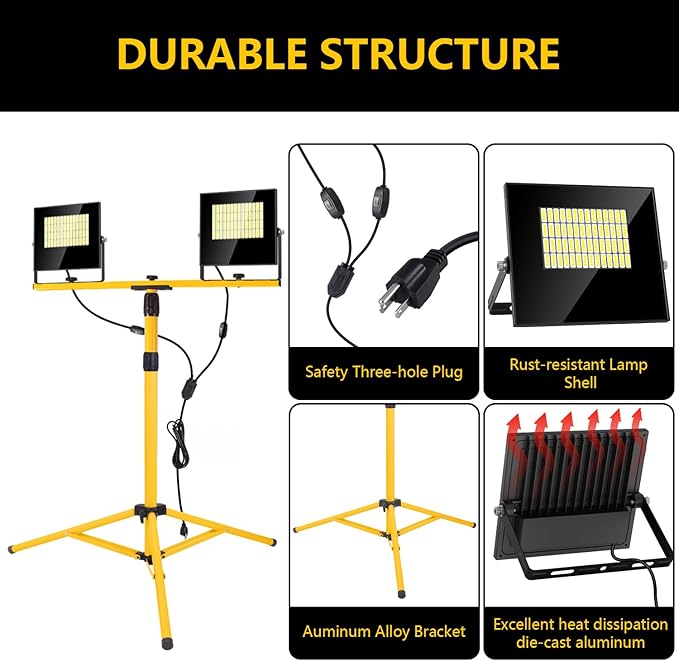 24000 Lumen Work Lights with Stand, 2 Adjustable Head LED Work Light with Adjustable and Foldable Tripod Stand, IP67 Waterproof Lamp Individual Switch with 16FT Cord for Outdoor Construction Lighting