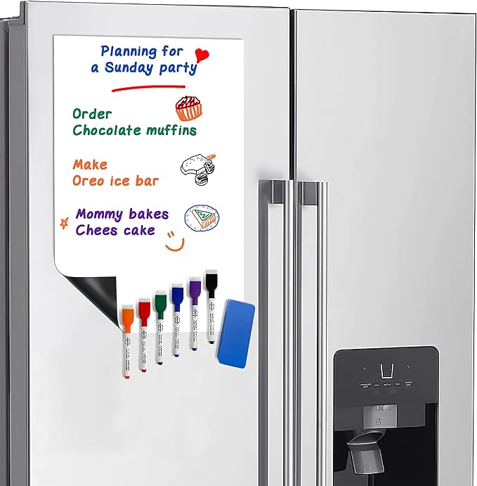 Magnetic Fridge Whiteboard Sheet for Kitchen Refrigerator - Dry Erase Magnetic White Board Organizer & Planner 11"x17" Strong Magnet Includes 6 Markers and Big Eraser