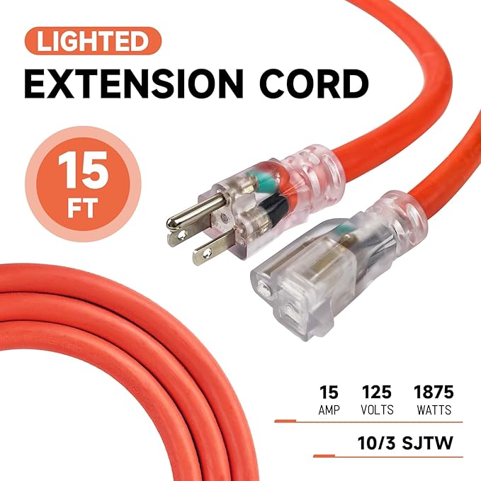 EP 15 Ft Lighted Outdoor Extension Cord - 10/3 SJTW Heavy Duty Orange Extension Cable with 3 Prong Grounded Plug for Safety, UL Listed