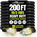 200ft Outdoor/Indoor Extension Cord 10/3 Gauge Ultra Heavy Duty 3 Prong SJTW, Waterproof, Flexible Cold-Resistant Long Power Cord,10A 125V 1000W, Black by LifeSupplyUSA