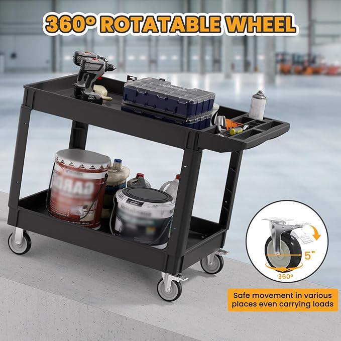 2-Tier Rolling Tool Cart,Heavy-Duty Plastic Service Cart with Lipped Shelves,550 lbs Capacity Utility Cart,46 x 26 Inch Rolling Work Carts for Garage,Salon,Kitchen,Office-Black