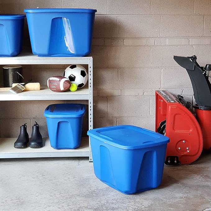 HOMZ 8-Pack Durable Molded Bin, Plastic Storage Containers with Lids, 18 Gallon, Blue - Stackable Organizer Totes and Boxes for Bedroom, Kitchen, and Garage Organization