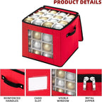 inin Christmas Ornament Storage Box with Adjustable Dividers,Christmas Ornaments Organizer with Zippered Top,Storage Container Bin for Holiday Decorations(64 Ball, Red, Without Tray)
