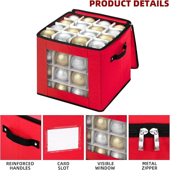 inin Christmas Ornament Storage Box with Adjustable Dividers,Christmas Ornaments Organizer with Zippered Top,Storage Container Bin for Holiday Decorations(64 Ball, Red, Without Tray)
