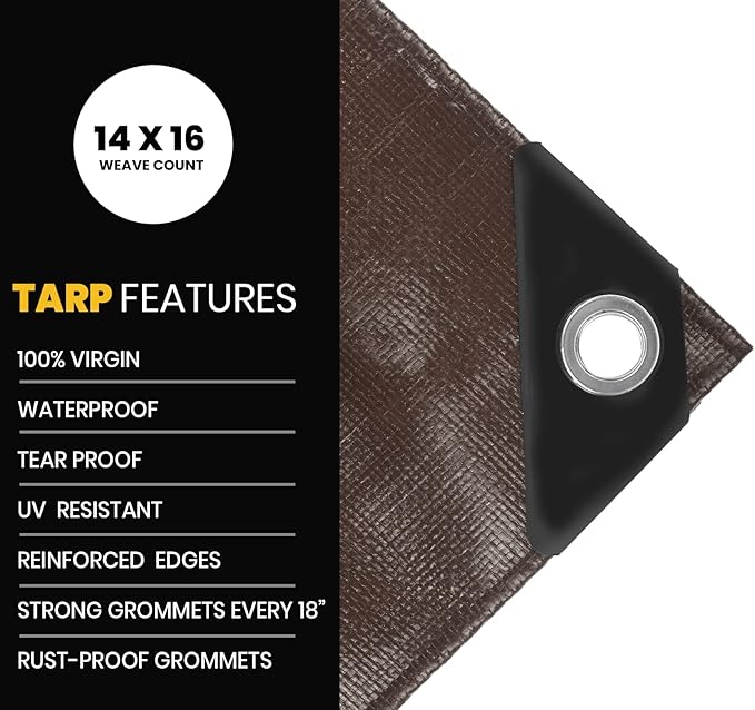 PROTARP Extra Heavy Duty 16 Mil Tarp Cover, Waterproof, UV Resistant, Rip and Tear Proof, Poly Tarpaulin with Reinforced Edges for Roof, Camping, Patio, Pool, Boat. (Brown/Black 20′ X 30′)
