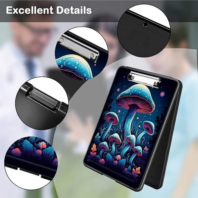Clipboard with Storage,Office Supplies Nursing Clipboards Folder with Pen Holder Plastic Foldable Clip Board with Storage for Nurse Teacher,Colorful Mushroom
