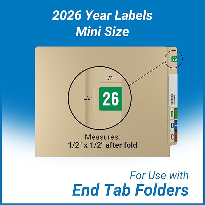 2026 MINI Year Stickers, Green, Compatible with Smead ETS Series, Doctor Stuff 2026 Chart Stickers, USA Made Year Labels for End Tab File Folders, 250/Pack, 1 Package, 1/2" x 1" - Small Labels