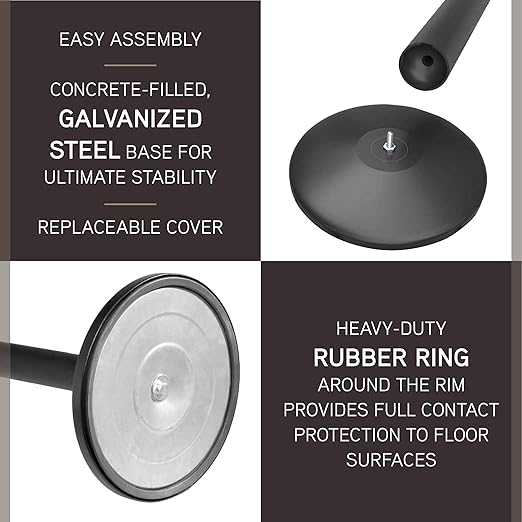 Qbuster Black Stanchions with Retractable Belts, Crowd Control Safety Barrier with 11’ Black Belts, 1 Sign Holder, Set of 4 Posts