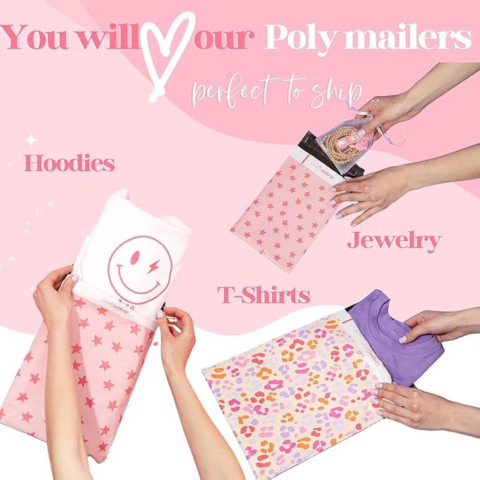 6x9 Designer Poly Mailer 100 Pack Heavy Duty Waterproof Self Seal Shipping Bags for Small Business Large Mailing Envelopes Bulk Tear Resistant Cute Packaging Pink Bows Coquette