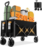 Favoyard Collapsible Wagon 100L & 330LBS, Heavy Duty Wagon Carts Foldable, Portable Folding Wagons with All - Terrain Wheels& Drink Holders, for Grocery Camping Beach Shopping Garden, Black