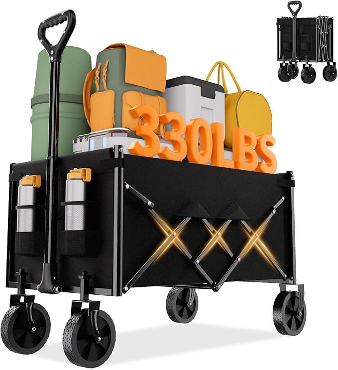 Favoyard Collapsible Wagon 100L & 330LBS, Heavy Duty Wagon Carts Foldable, Portable Folding Wagons with All - Terrain Wheels& Drink Holders, for Grocery Camping Beach Shopping Garden, Black