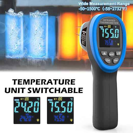BTMETER BT-1500C Pyrometer Non Contact Laser Infrared Thermometer Measures -58℉ to 2732℉ (-50℃ ~ 1500℃) High Temp, IR Temperature Gauge with Color LCD (NOT for Human Temp)