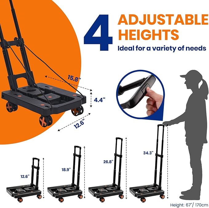Folding Hand Truck, Dolly Cart with 4 Wheels & 2 Elastic Ropes, Adjustable Handle Foldable Dolly, Lightweight Portable Hand Cart for Luggage, Travel, Shopping, Moving, Airport, Office