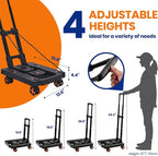 Folding Hand Truck, Dolly Cart with 4 Wheels & 2 Elastic Ropes, Adjustable Handle Foldable Dolly, Lightweight Portable Hand Cart for Luggage, Travel, Shopping, Moving, Airport, Office